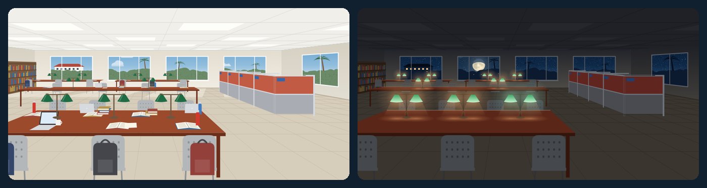The AUA library's study hall drawn twice: by day, with open textbooks, laptops and backpacks on the chairs under lit ceiling panels, and at night, empty, with the green lamps glowing on the tables and the Moon in a window.