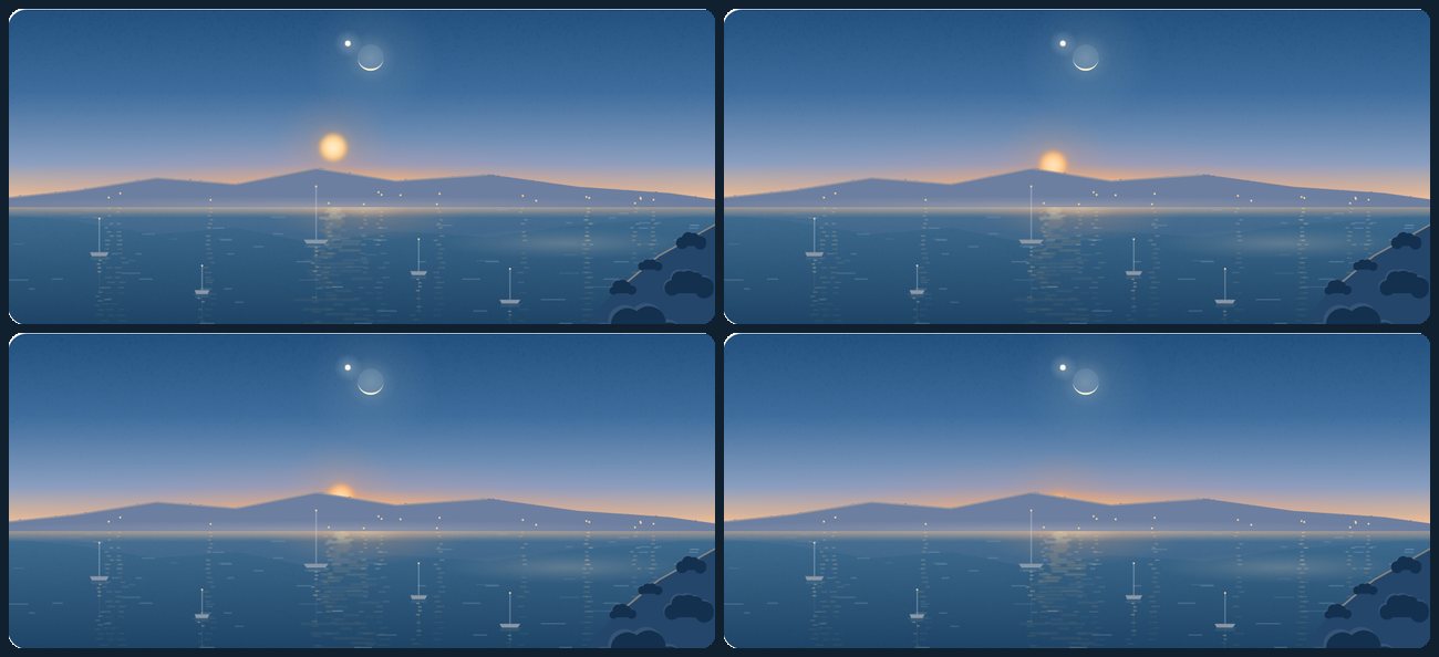 Four versions of the same sea view with far hills: the Sun high above the hills, resting on their summit, half hidden behind them, and gone below them with only a glow left.