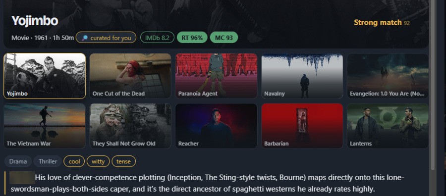 A recommendation for the film Yojimbo, marked Strong match 92, with a written explanation connecting it to films the reader already likes